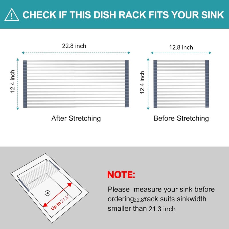 BBXTYLY Extra Expandable Roll Up Dish Drying Rack,Over The Sink Drying Rack Sink Cover Kitchen Sink Accessories Kitchen Rolling up Stainless Steel Drainer, Foldable,Rollable（Gray，22.8''-12.4''） - Image 2